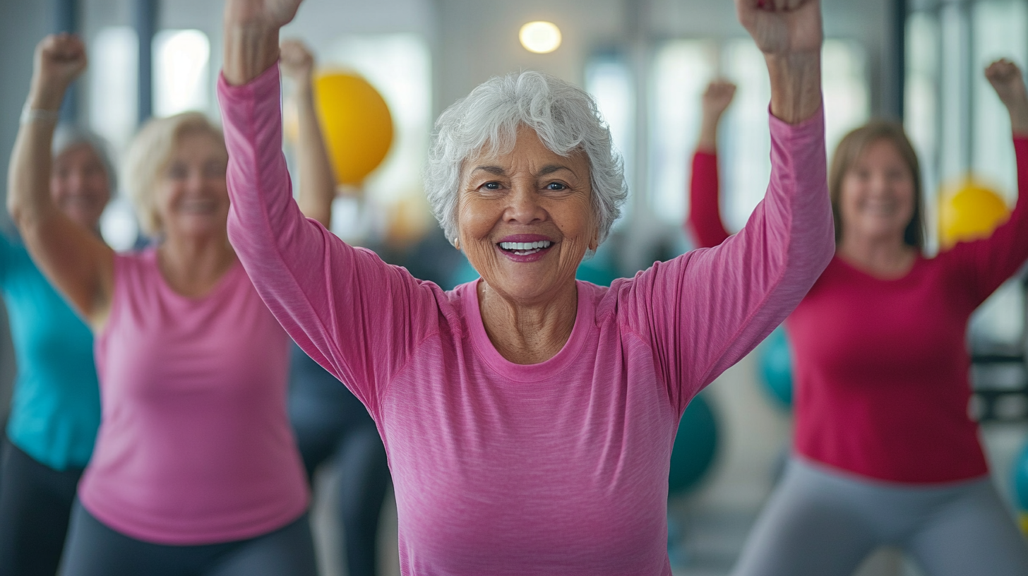 Група людей старшого віку займається танцювальним фітнесом у світлій студії